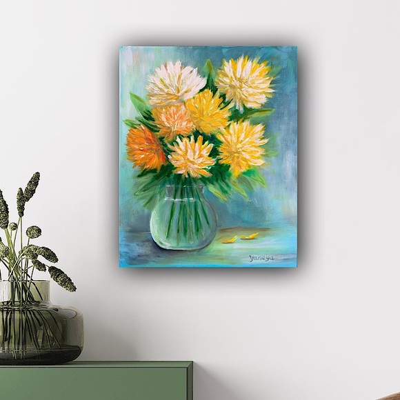 Original mixed media chrysanthemums, art floral painting Impressionism - Picture 3 of 12